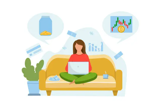 Vector illustration of The girl sits on the couch and thinks about where to invest the money. Invest your money in cryptocurrency or leave it at home in a glass jar. Vector flat illustration