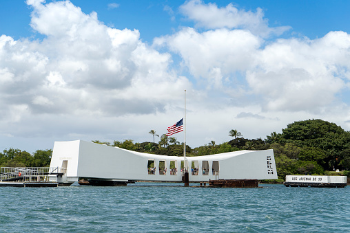 The battleship Missouri and USS Arizona Memorial in Pearl Harbour, Hawaii