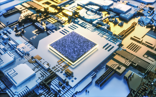 Strong Artificial Intelligence AGI motherboard and CPU background, 3D rendering