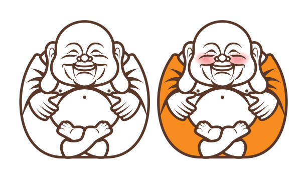 illustrazioni stock, clip art, cartoni animati e icone di tendenza di carino chubby happy il personaggio del buddha ridente con grande pancia porta felicità e ricchezza. religione - cartone animato vettoriale - orecchio di animale