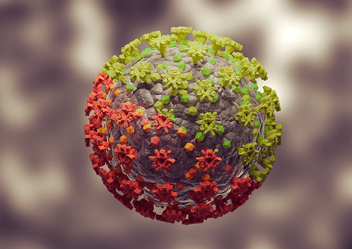 Mutación del coronavirus. Nueva variante y cepa de SARS CoV 2. Vista microscópica. photo