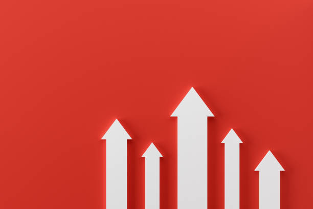 istock White arrow on red background up to growth success, 3d render, progress way and forward achievement creative concept. 1312222207