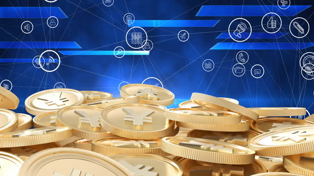 Animation of digital icons over stacks of gold yen coins on blue background