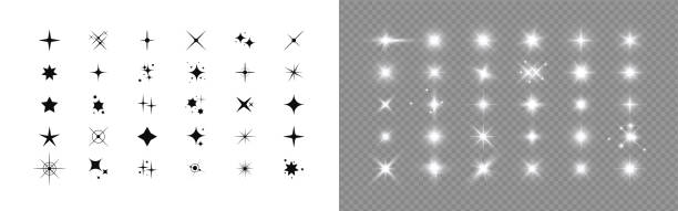 ilustraciones, imágenes clip art, dibujos animados e iconos de stock de estrella. conjunto de estrellas diseño de efecto, simple plano, y símbolo brillo de brillo ligero. efecto de partícula mágica. shine elementos icono para festivo en blanco y fondo transparente. ilustración vectorial - glitter