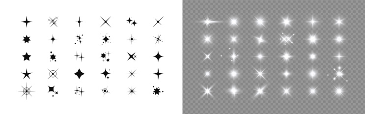 Star. Set of stars effect design, simple flat, and light sparkle twinkle symbol. Magic particle effect. Shine icon elements for festive on white and transparent background. Vector illustration