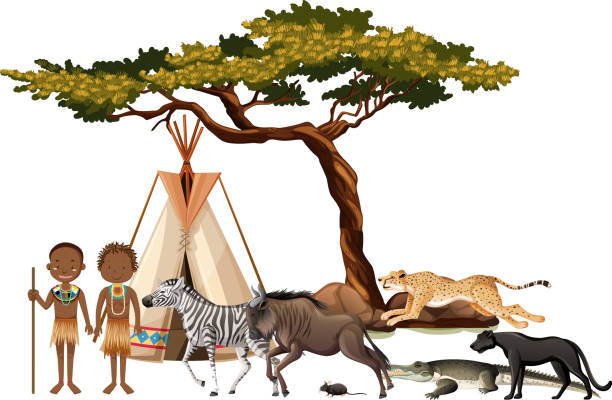 istock African tribe with group of wild african animal on white background 1312224897