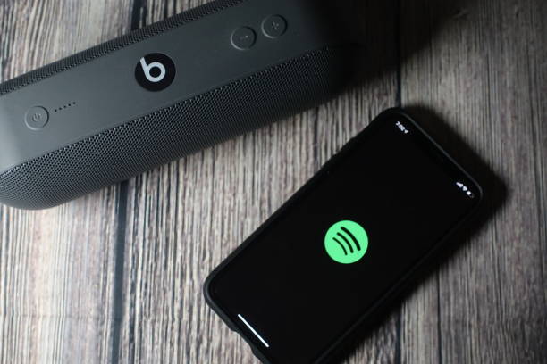 uma tela do iphone 11 mostrando o ícone do spotify - apple computers audio - fotografias e filmes do acervo