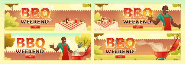 bbq wochenendflyer, picknick mit kochgrill - barbecue chicken stock-grafiken, -clipart, -cartoons und -symbole