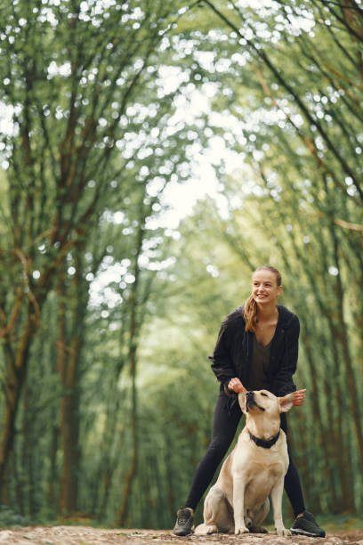 Portrait of a woman with her beautiful dog stock photo