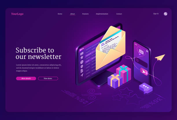 Subscribe to our newsletter banner Subscribe to our newsletter banner. Email news subscription, electronic messages with gift and sale. Vector landing page with isometric letter envelope on computer screen and smartphone email subscription stock illustrations