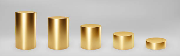 Gold 3d cylinder set front view and levels with perspective isolated on grey background. Cylinder pillar, golden pipe, museum stages, pedestals or product podium. 3d basic geometric shapes vector Gold 3d cylinder set front view and levels with perspective isolated on grey background. Cylinder pillar, golden pipe, museum stages, pedestals or product podium. 3d basic geometric shapes vector. cylinder stock illustrations
