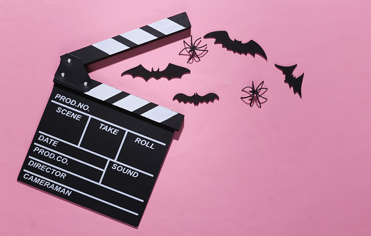 Horror movie, halloween theme. Movie clapperboard and flying decorative bats, spiders on pink bright background. Top view, flat lay