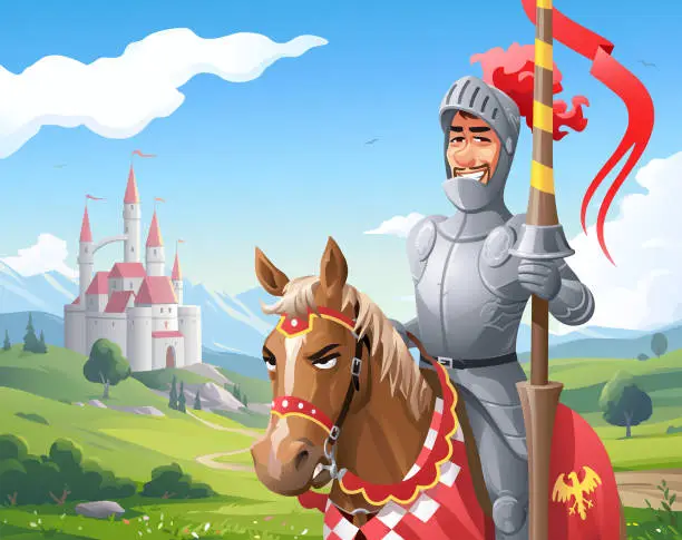 Vector illustration of Knight On A Horse In Front Of Castle