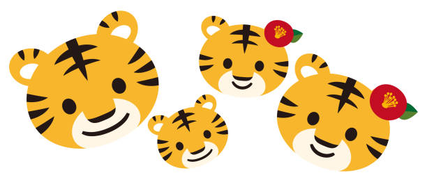 süße tiger familie tier flache cartoon charakter vektor illustration. - babytiger stock-grafiken, -clipart, -cartoons und -symbole