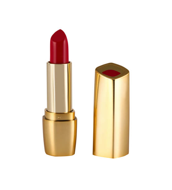 rossetto rosso in contenitore color oro - make over series foto e immagini stock