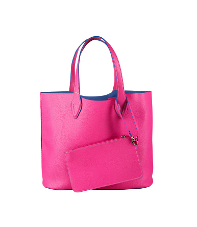 Pink women's bag with purse included, white background, clipping path