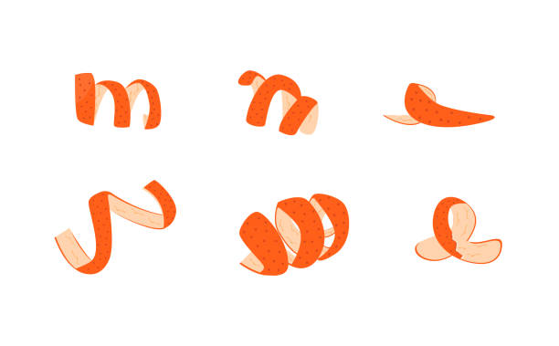 Set of orange fruit peel. Collection of tangerine zest for cocktails. Collection of Ribbon cut citrus peel. Mandarin, lemon, grapefruit or kumquat skin. Vector illustration on white background. Set of orange fruit peel. Collection of tangerine zest for cocktails. Collection of Ribbon cut citrus peel. Mandarin, lemon, grapefruit or kumquat skin. Vector illustration on white background twisted stock illustrations