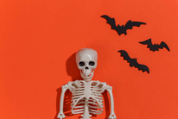 istock Skeleton sculpt and bats on orange bright background. Halloween theme. Top view 1312241823