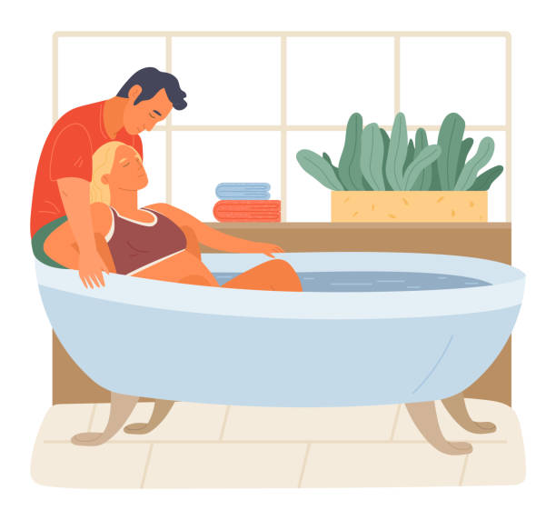 Pregnancy preparing, wife and husband joint birth. Pregnant woman giving natural birth in a bathtube Pregnancy preparing, wife and husband joint birth. Pregnant woman giving natural birth in a bathtube full of water in bathroom interior. Active position use to reduce pain during childbirth water birth stock illustrations