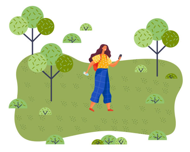 người phụ nữ hạnh phúc đang đi bộ trong công viên ngày nắng. nhân vật nữ đeo ba lô đang đi du lịch ngoài trời - nature walk hình minh họa sẵn có