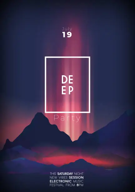 Vector illustration of Deep party poster design with dark neon mountains