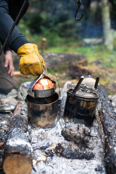 istock Camp fire cooking in a pot over hot coals 1312246061