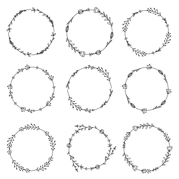Set of round frames with doodle flowers, branches and leaves. Black and white scribble natural drawings. Vector circle templates Set of round frames with doodle flowers, branches and leaves. Black and white scribble natural drawings. Vector circle templates for invitations, cards, banners cartoon of a fancy filigree border design stock illustrations