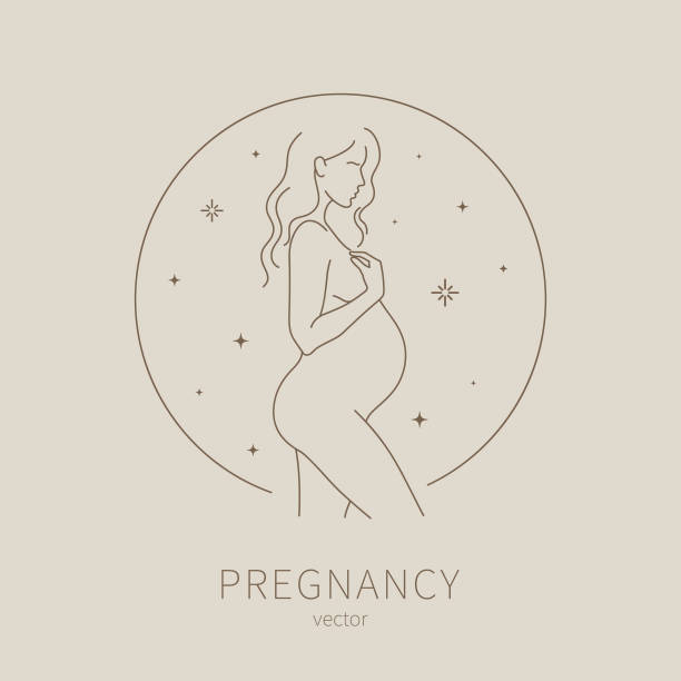 Piękna sylwetka kobiety w ciąży. Ikona wektorowa kobiety w ciąży w modnym stylu liniowym. Logo kliniki ginekologicznej, element projektu na stronie internetowej szpitala. – artystyczna grafika wektorowa