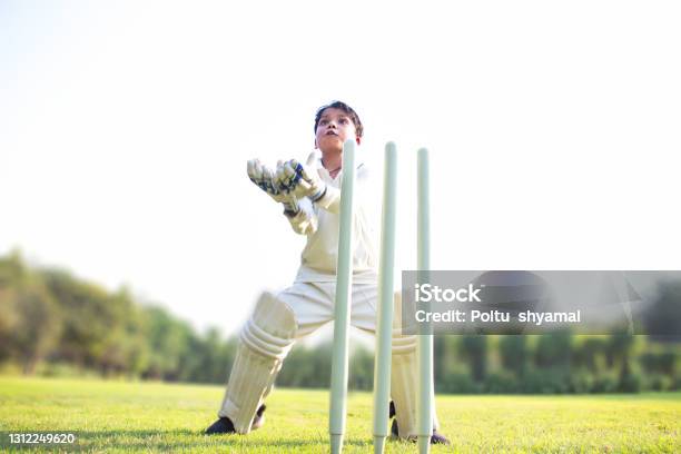 A Boy Wicket Keeper During Cricket Game Stock Photo - Download Image Now - Child, Sport of Cricket, Indian Ethnicity