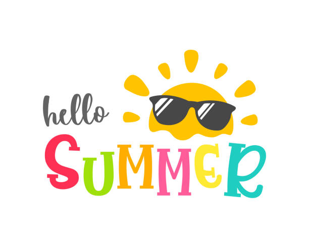 안녕하세요 여름 라벨 아이스크림 슬리퍼와 흰색 배경에 고립 수박으로 장식. - summer stock illustrations