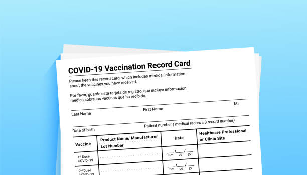 Coronavirus vaccination record card on blue background with copy space for travel and movement without borders. Vaccination form during the coronavirus covid 19 epidemic Coronavirus vaccination record card on a blue background with copy space for travel and movement without borders. Vaccination form during the coronavirus covid 19 epidemic covid politics stock illustrations