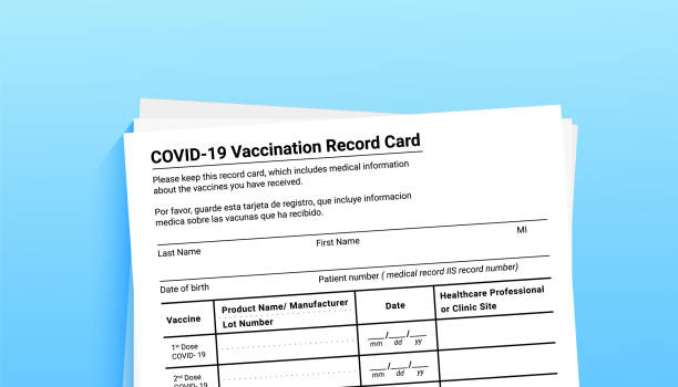 藍色背景的冠狀病毒疫苗接種記錄卡，具有無國界旅行和移動的複製空間。冠狀病毒covid 19流行期間的疫苗接種形式 - covid 19疫苗 幅插畫檔、美工圖案、卡通及圖標