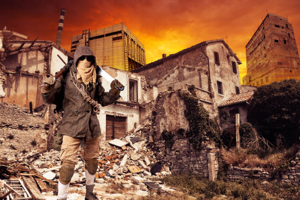 Cyber punk, postapocalyptic world, man in goggles among ruins of city Cyber punk, postapocalyptic world, man in goggles among ruins of city war zone stock pictures, royalty-free photos & images