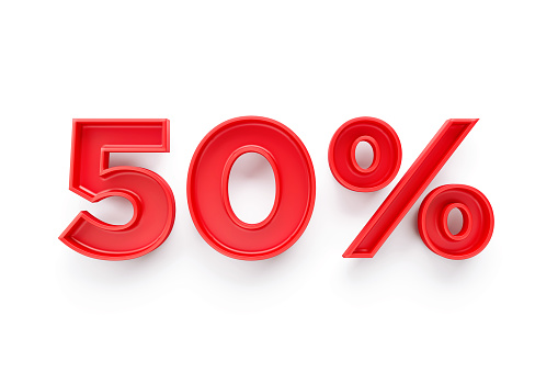 Red fifty percent text sitting on white background. Horizontal composition with clipping path and copy space. Directly above. Sale and discount concept.