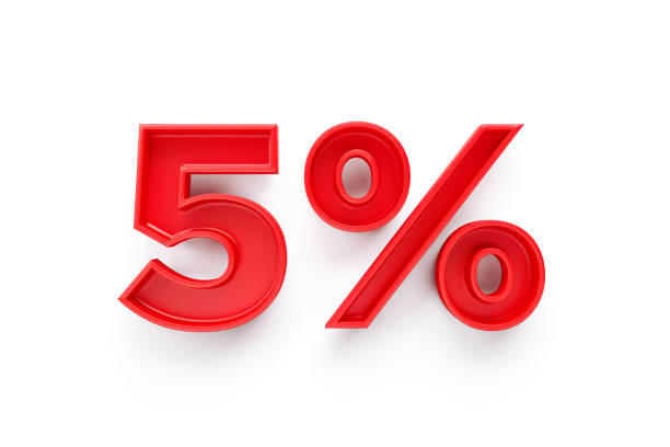Red five percent text sitting on white background. Horizontal composition with clipping path and copy space. Directly above. Sale and discount concept.
