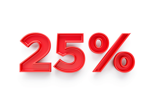 Red twenty five percent text sitting on white background. Horizontal composition with clipping path and copy space. Directly above. Sale and discount concept.