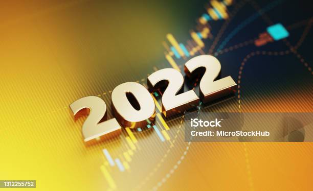 Investment And Finance Concept 2022 Sitting On Yellow Financial Graph Background Stock Photo - Download Image Now