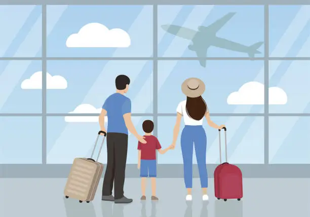Vector illustration of Traveling family with their luggage in airport