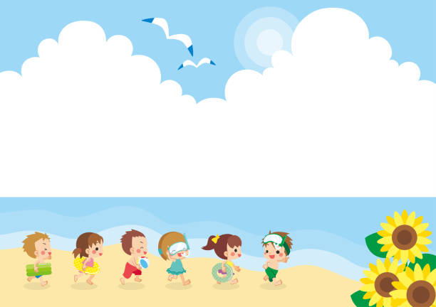 ilustrações de stock, clip art, desenhos animados e ícones de little kids running on the beach - swimwear child inner tube little girls