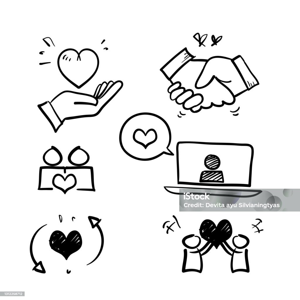 Hand Drawn Doodle Friendship And Love Line Icons Interaction ...