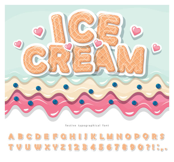 illustrazioni stock, clip art, cartoni animati e icone di tendenza di tipo di wafer gelato. alfabeto dei cartoni animati carino. carta ritaglia lettere e numeri dolci. per compleanno, baby shower, san valentino, negozio di dolci. vettore - dessert