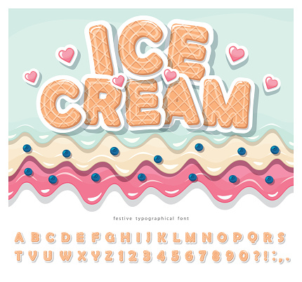 Ice cream wafer font. Cute cartoon alphabet. Paper cut out sweet letters and numbers. For birthday, baby shower, valentine, sweets shop. Vector illustration