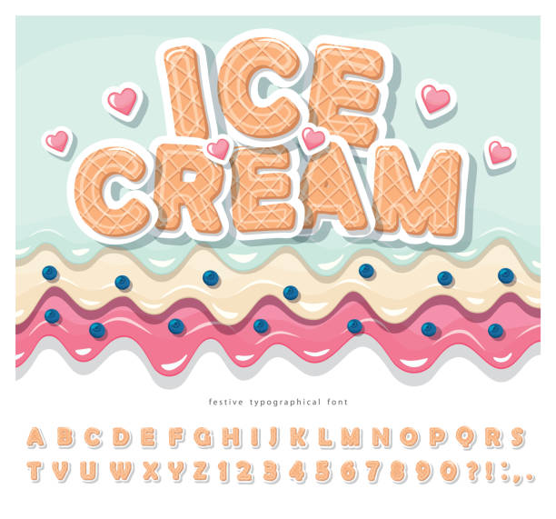 Ice cream wafer font. Cute cartoon alphabet. Paper cut out sweet letters and numbers. For birthday, baby shower, valentine, sweets shop. Vector Ice cream wafer font. Cute cartoon alphabet. Paper cut out sweet letters and numbers. For birthday, baby shower, valentine, sweets shop. Vector illustration dessert stock illustrations