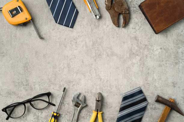 istock Top view design concept of Father's day with working tools on blue background. 1312260151