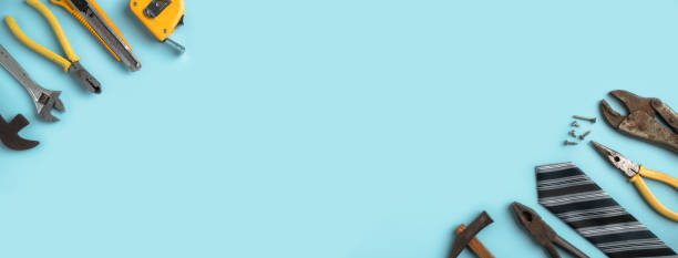 istock Top view design concept of Father's day with working tools on blue background. 1312260156