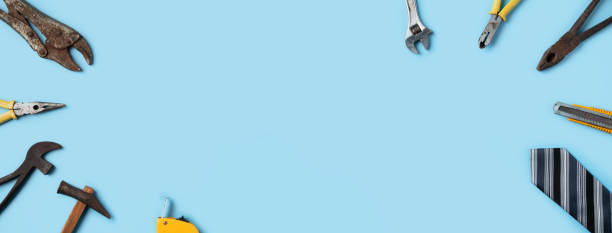 istock Top view design concept of Father's day with working tools on blue background. 1312260173