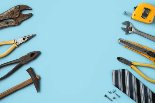 istock Top view design concept of Father's day with working tools on blue background. 1312260176
