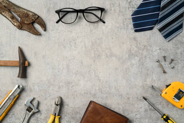 istock Top view design concept of Father's day with working tools on blue background. 1312260245
