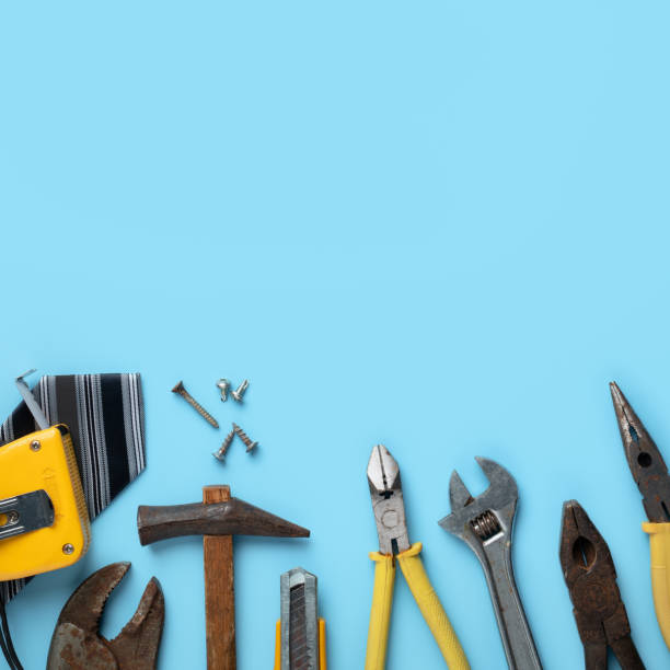 istock Top view design concept of Father's day with working tools on blue background. 1312260260