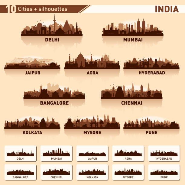 ilustraciones, imágenes clip art, dibujos animados e iconos de stock de conjunto de silueta del horizonte de la ciudad india - mysore